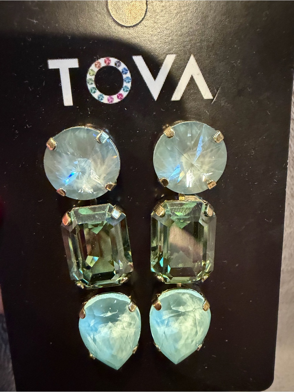 Tova River earrings Mint Green Crystal Drop- Gold Tone NWT